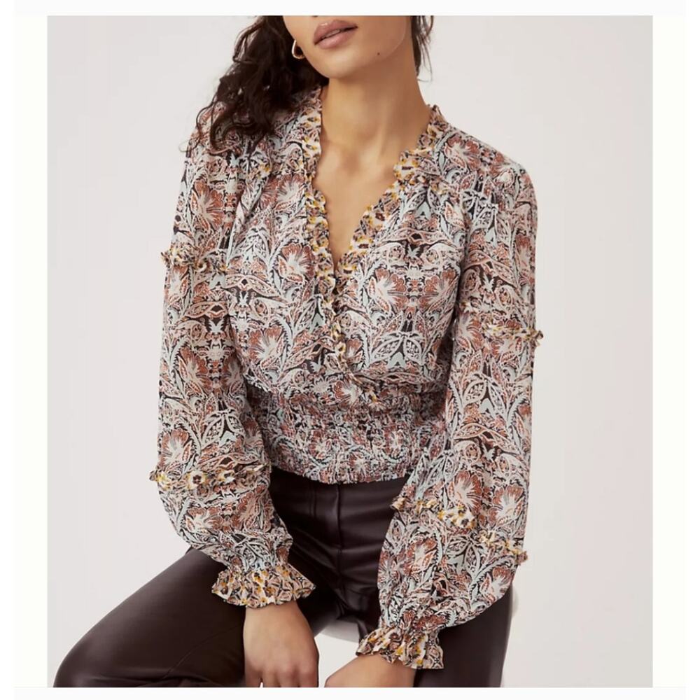 Anthropologie Printed Ruffle Smocked Blouse